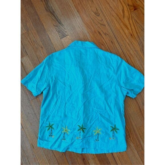 Vintage Kim Rogers Linen Blend Embroidered Palm Tree Beach Shirt Size L - Picture 2 of 8